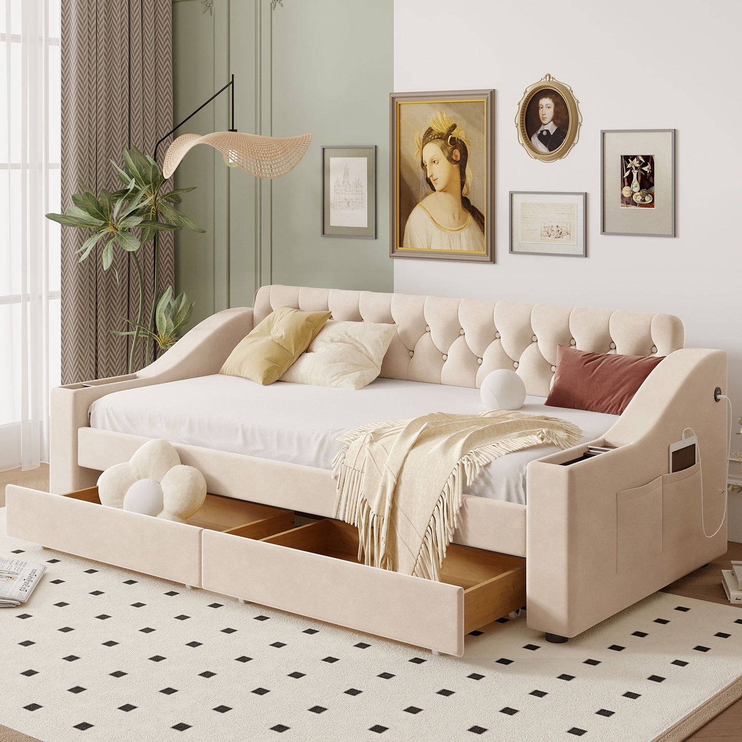 Upholstered Daybed With Storage Armrests And USB Port - The Sleep Loft - Online Mattress Showroom NYC