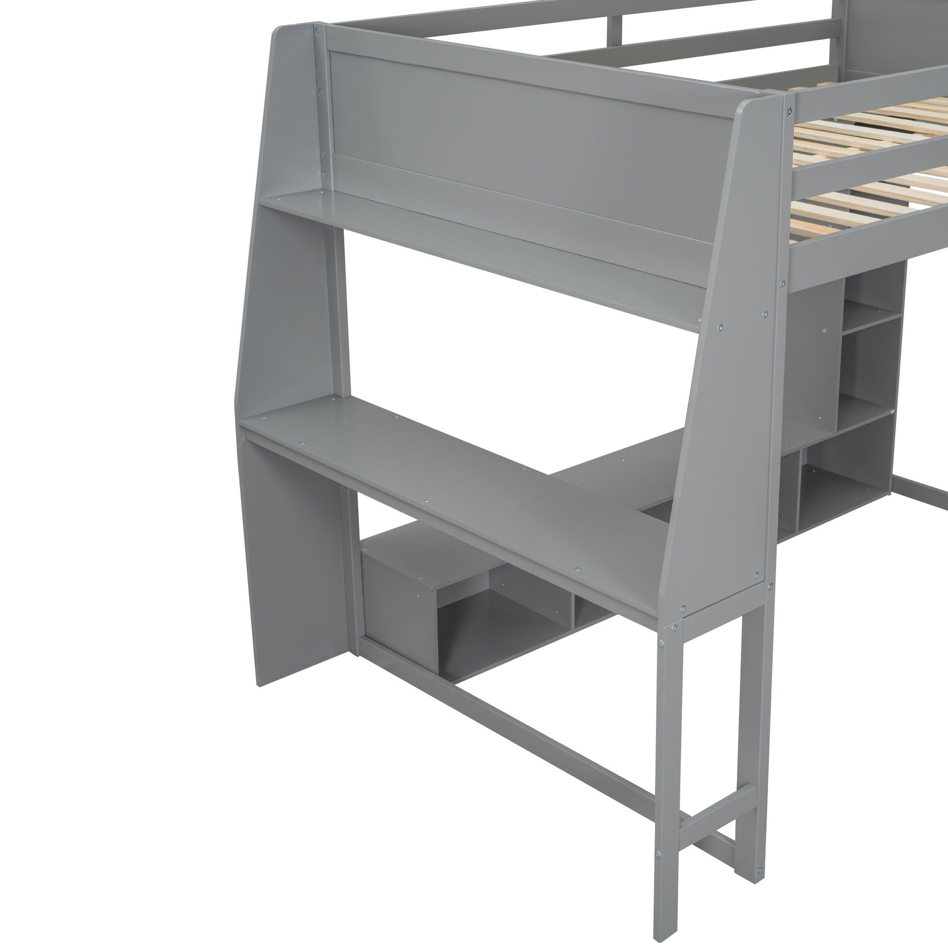 Full Size Gaming Loft Bed With Desk, Multi Storage Shelves, LED Lighting, And Hanging Clothes Rack - Gray - The Sleep Loft - Online Mattress Showroom NYC