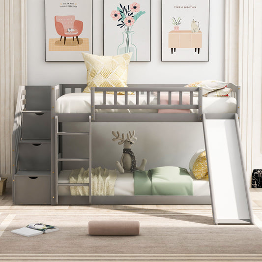 Twin Over Twin Bunk Stairway Bed With 2 Drawers And Slide - Gray - The Sleep Loft - Online Mattress Showroom NYC