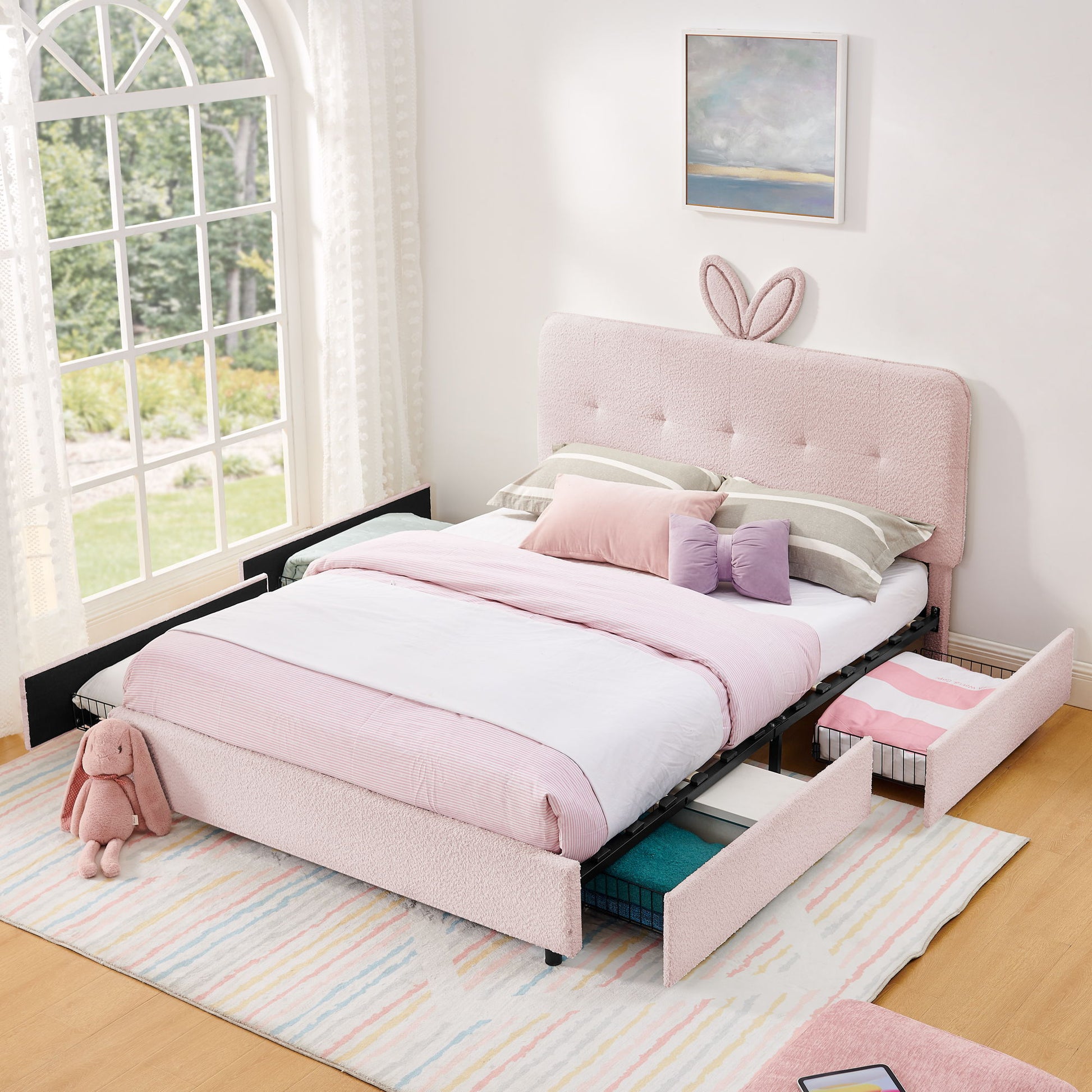 Upholstered Bed With Oversized Rabbit Ear Headboard, LED Lights & 4 Storage Drawers - The Sleep Loft - Online Mattress Showroom NYC