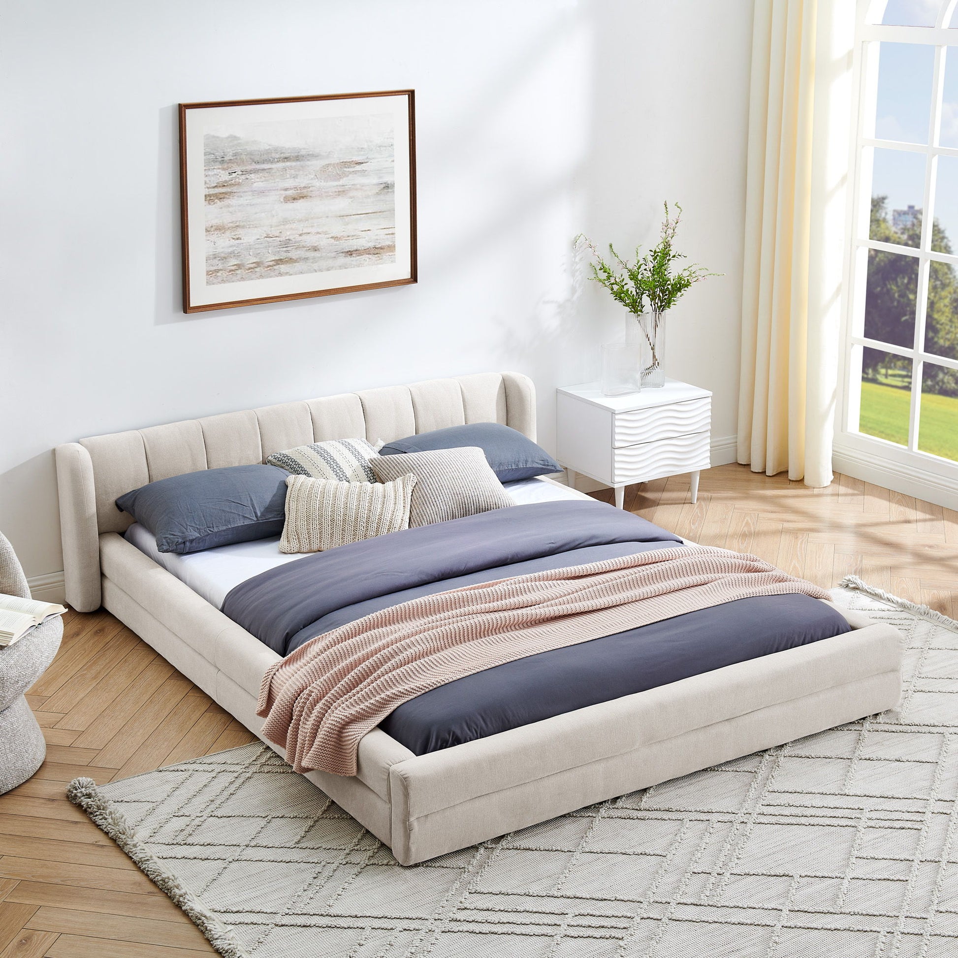 Modern Upholstered Bed Frame With Thick Fabric And Headboard - The Sleep Loft - Online Mattress Showroom NYC