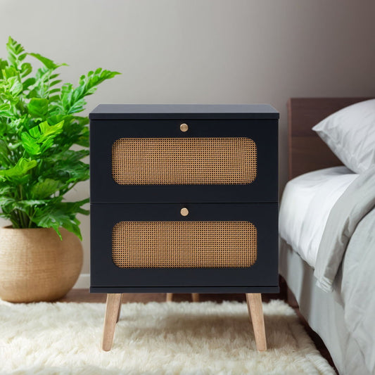 2 Drawer Rattan Nightstand For Bedroom And Living Room, End Table, Side Table With 2 Hand Made Rattan Decorated Drawers - Black - The Sleep Loft - Online Mattress Showroom NYC