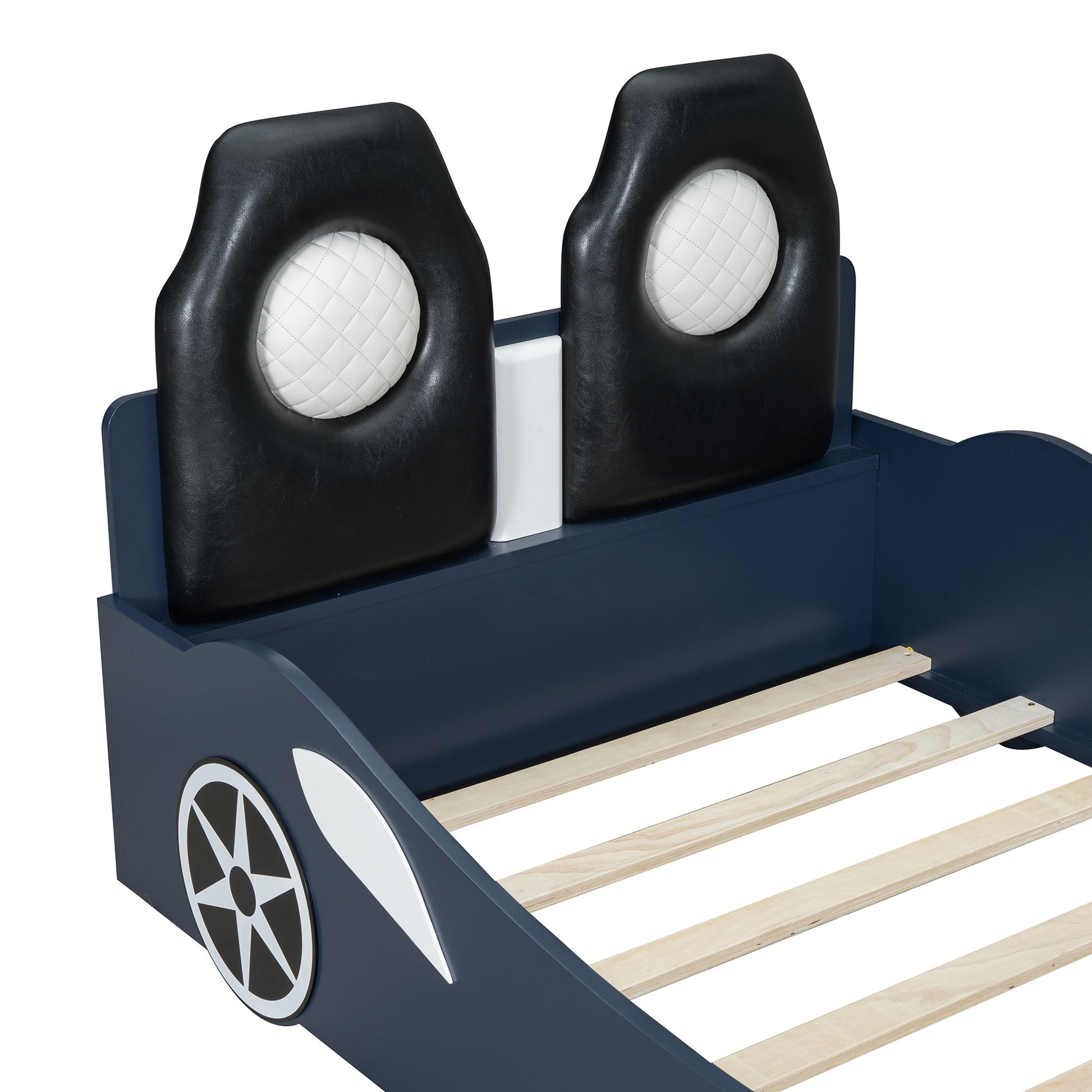 Race Car Shaped Platform Bed With LED And Upholstered Backrest In - The Sleep Loft - Online Mattress Showroom NYC