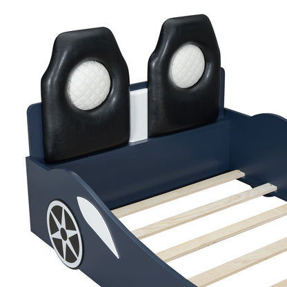 Race Car Shaped Platform Bed With LED And Upholstered Backrest In - The Sleep Loft - Online Mattress Showroom NYC