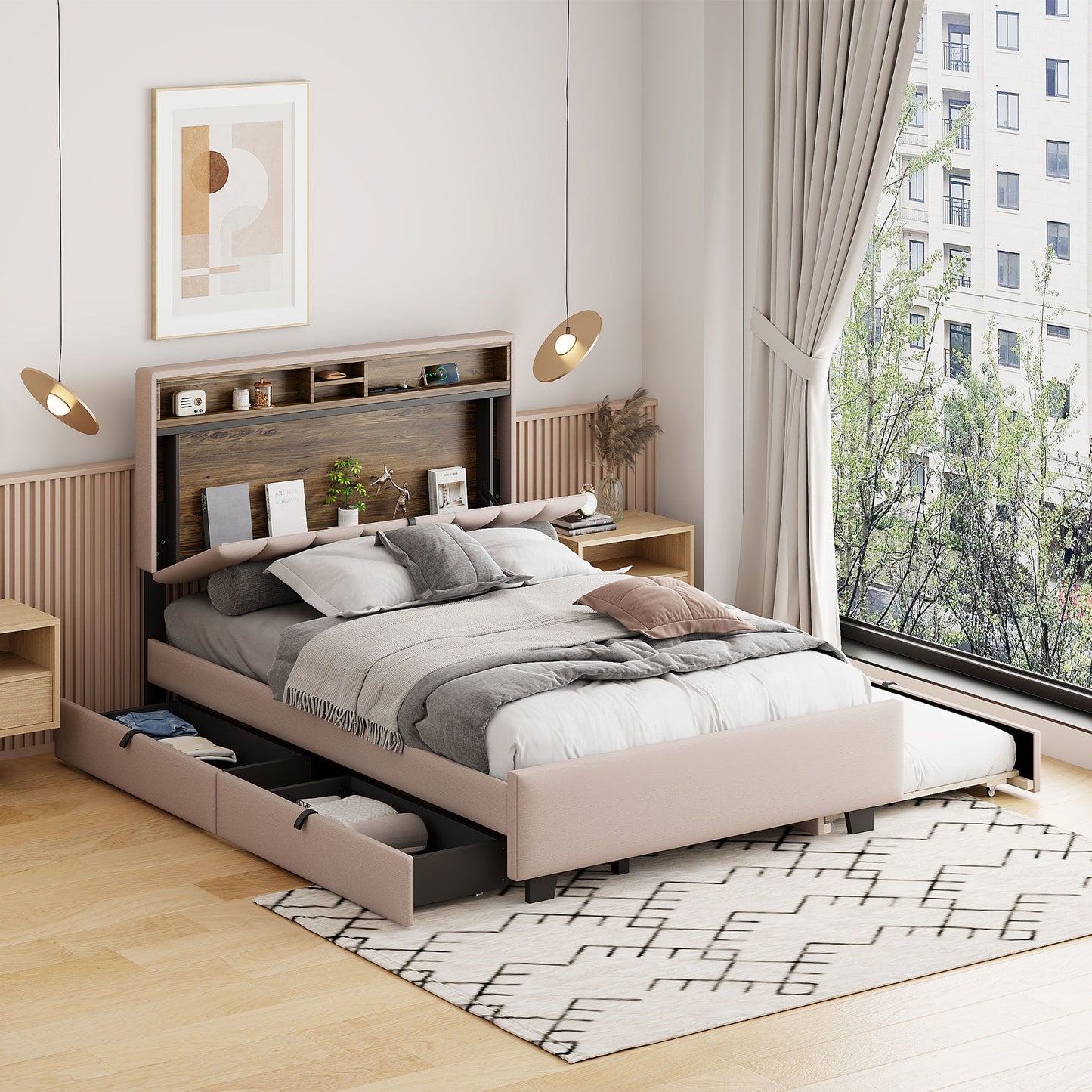 Upholstered Platform Bed With Storage Headboard, Trundle & 2 Drawers And A Set Of Sockets & USB Ports - The Sleep Loft - Online Mattress Showroom NYC