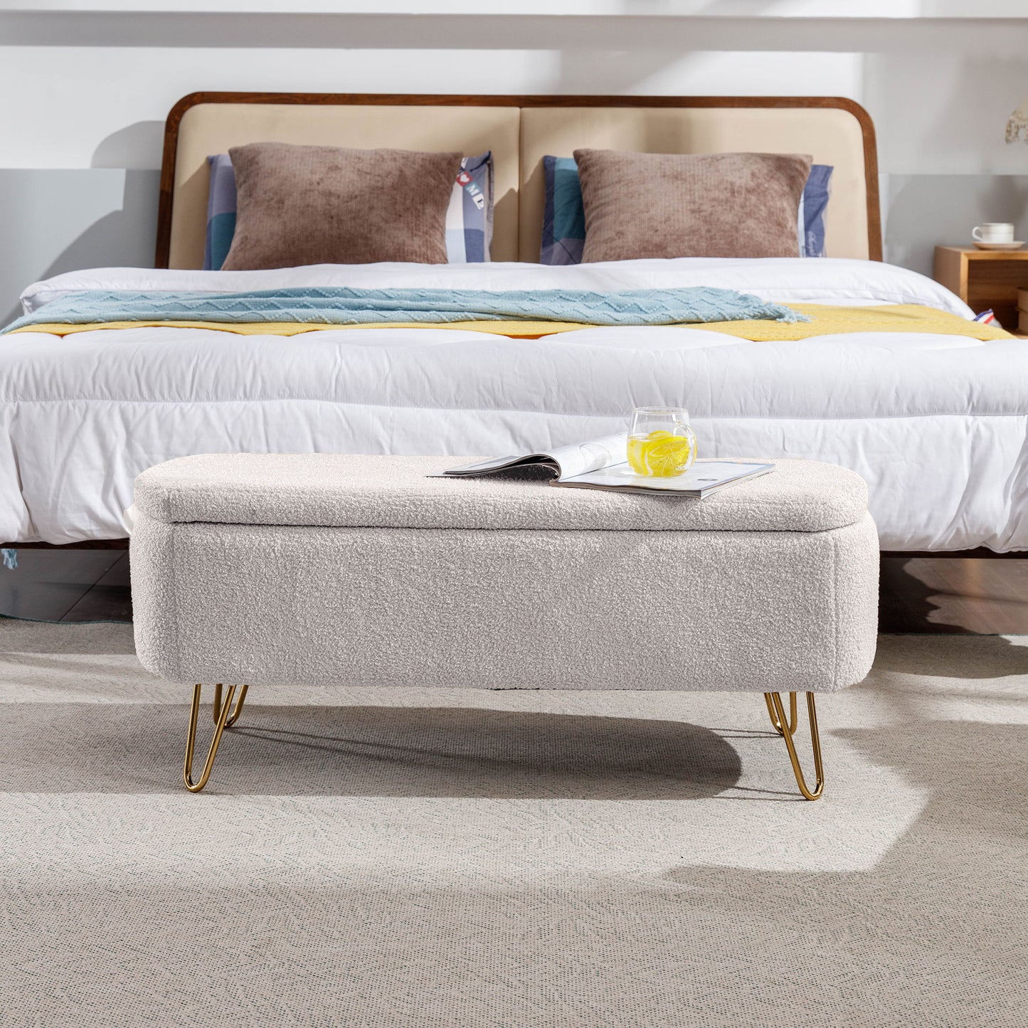 Storage Ottoman Bench For End Of Bed Legs, Modern Camel Faux Fur Entryway Bench Upholstered Padded With Storage For Living Room Bedroom - The Sleep Loft - Online Mattress Showroom NYC