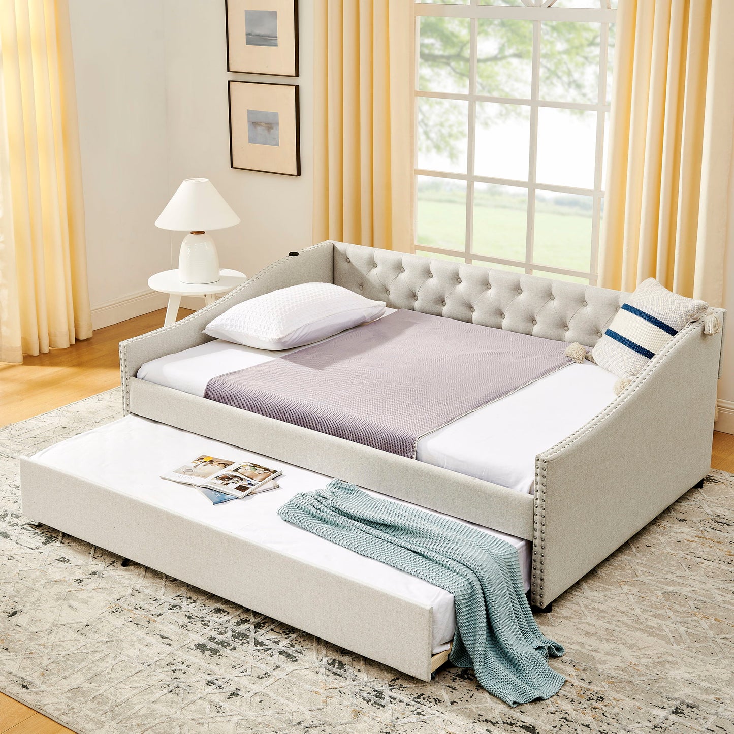 Upholstered Daybed With USB Charging & Pull Out Bed - The Sleep Loft - Online Mattress Showroom NYC