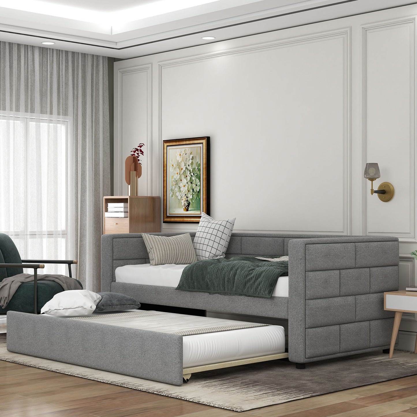 Upholstered Twin Size Daybed With Trundle, Padded Back And Sides - Gray - The Sleep Loft - Online Mattress Showroom NYC