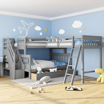 Solid L Shaped Bunk Bed With 3 Drawers, Ladder And Staircase - The Sleep Loft - Online Mattress Showroom NYC