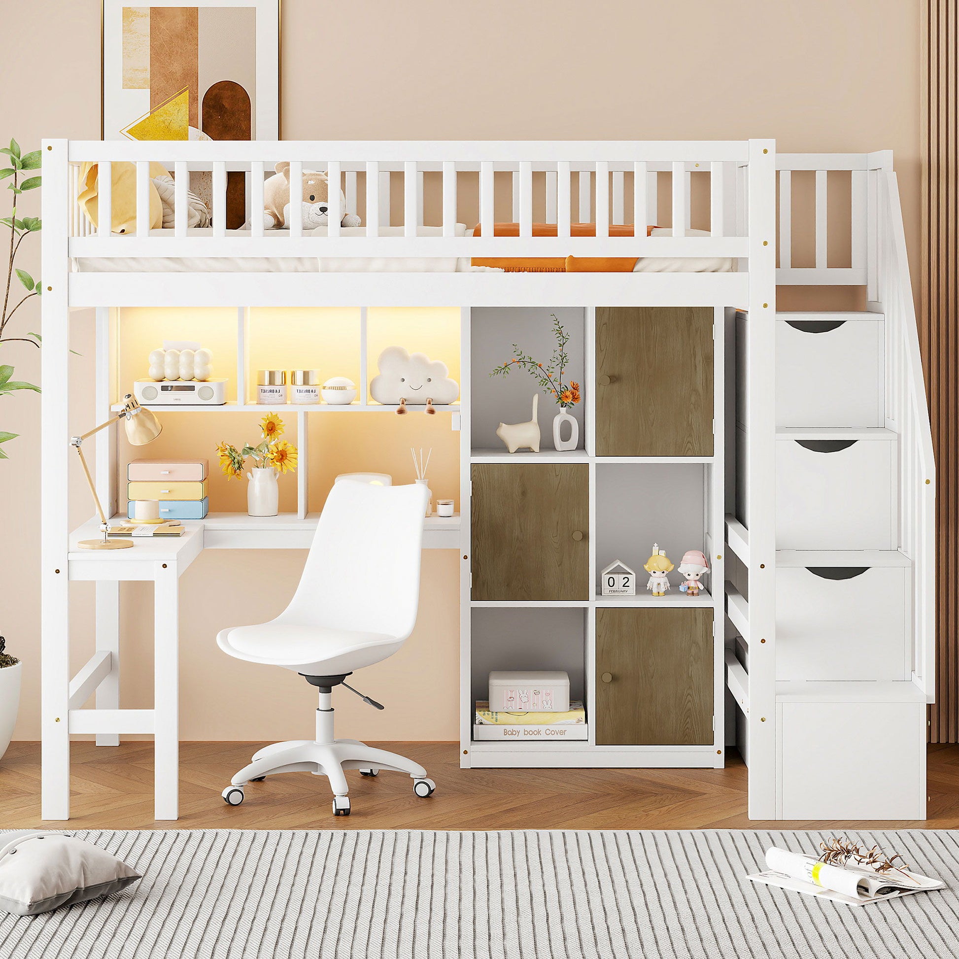 Loft Bed With Built In L Shaped Desk, LED Lights, Storage Shelves, Cabinets, And Staircase - The Sleep Loft - Online Mattress Showroom NYC
