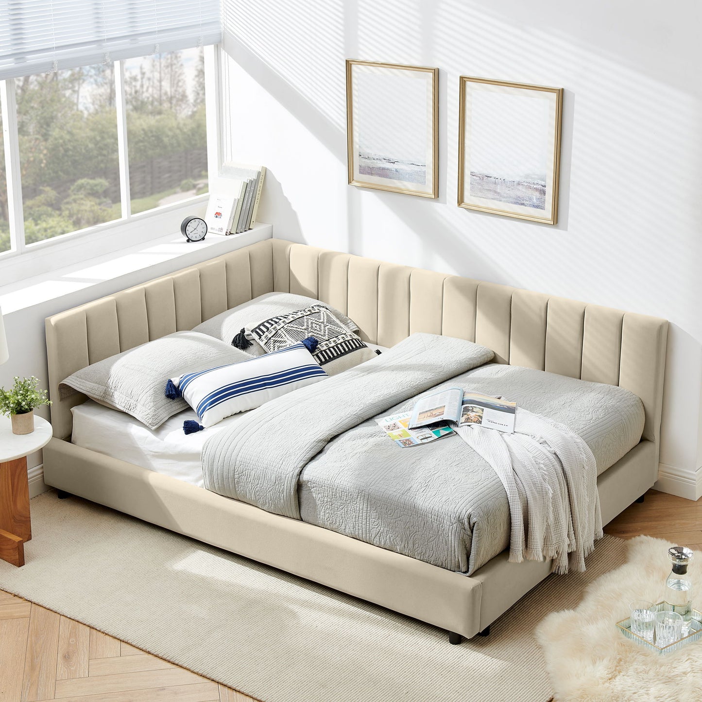 Mid-Century Upholstered Tufted Bed Frame With Backrest And Armrests - The Sleep Loft - Online Mattress Showroom NYC