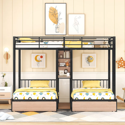 Triple Bunk Bed With Drawers, Multi-Functional Frame With Desks And Shelves In The Middle - The Sleep Loft - Online Mattress Showroom NYC