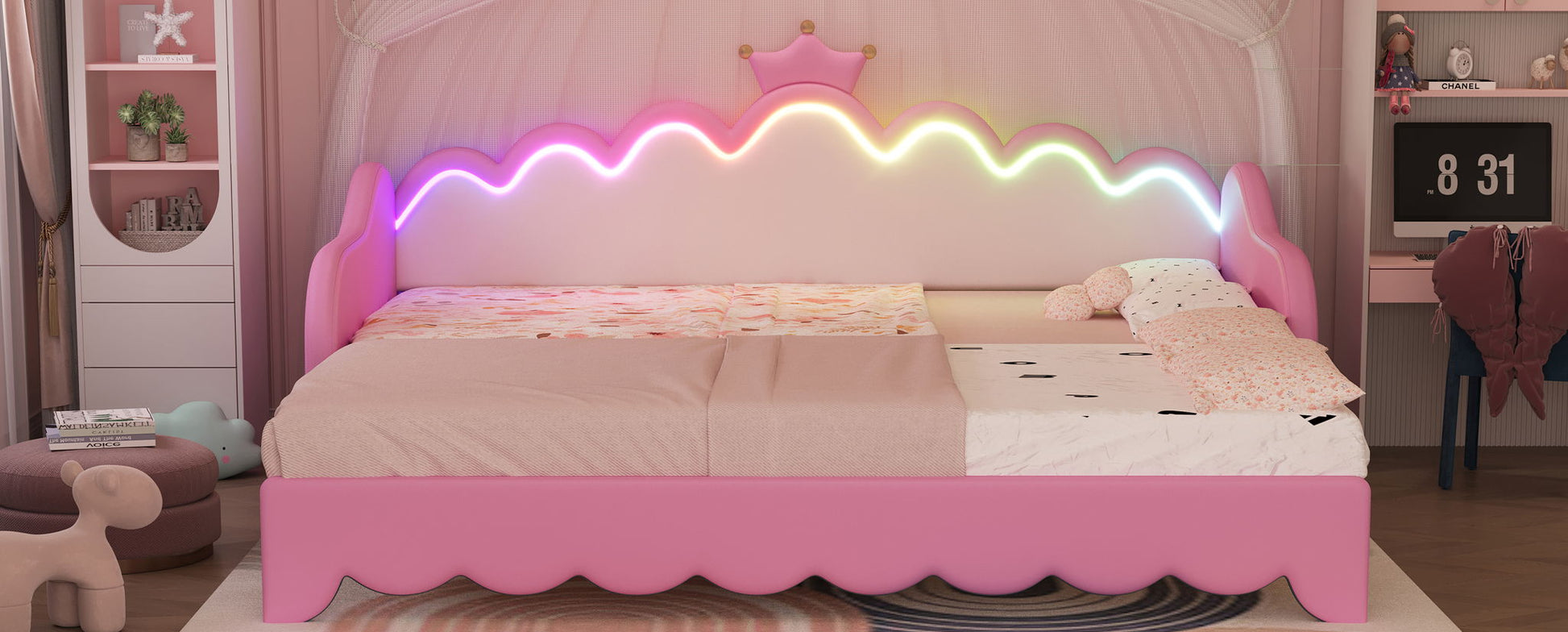 Extending Daybed With LED Lights, Modern Upholstered Princess Daybed With Crown Headboard - The Sleep Loft - Online Mattress Showroom NYC