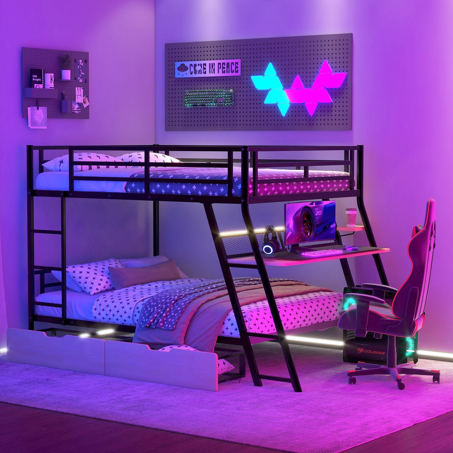 Full Size Bunk Bed With Built In Desk, Light, And 2 Drawers - Black - The Sleep Loft - Online Mattress Showroom NYC