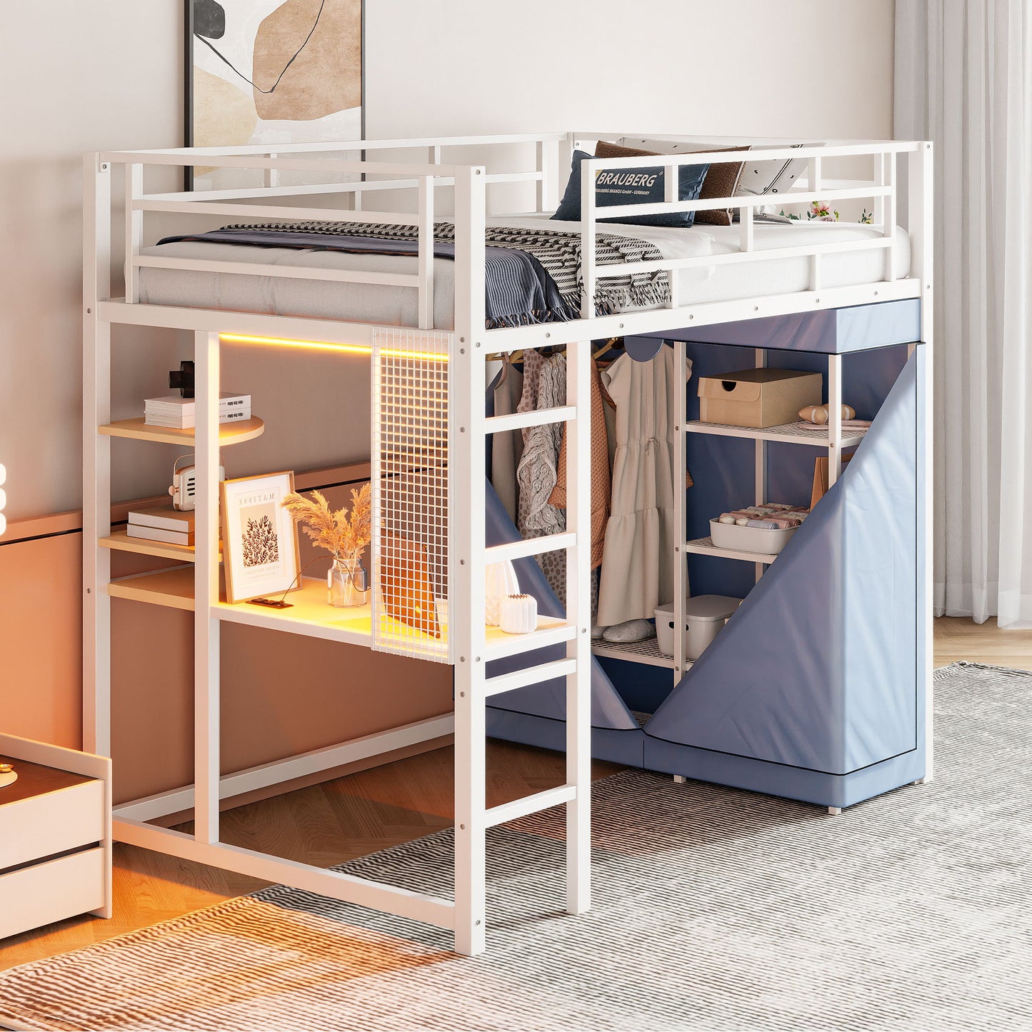 Loft Bed With Desk, Shelves, Power Outlet, LED Light And Wardrobe - The Sleep Loft - Online Mattress Showroom NYC