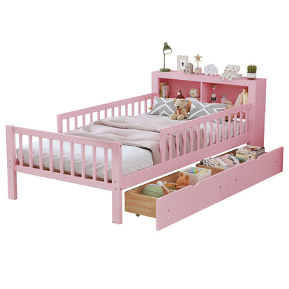 Bed With Headboard Storage Rack, 2 Under Bed Drawers, 3 Side Guardrails For Safety - The Sleep Loft - Online Mattress Showroom NYC
