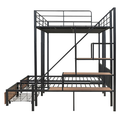 Full Over Twin-Twin Triple Bunk Bed With Drawers And Staircase - Black - The Sleep Loft - Online Mattress Showroom NYC