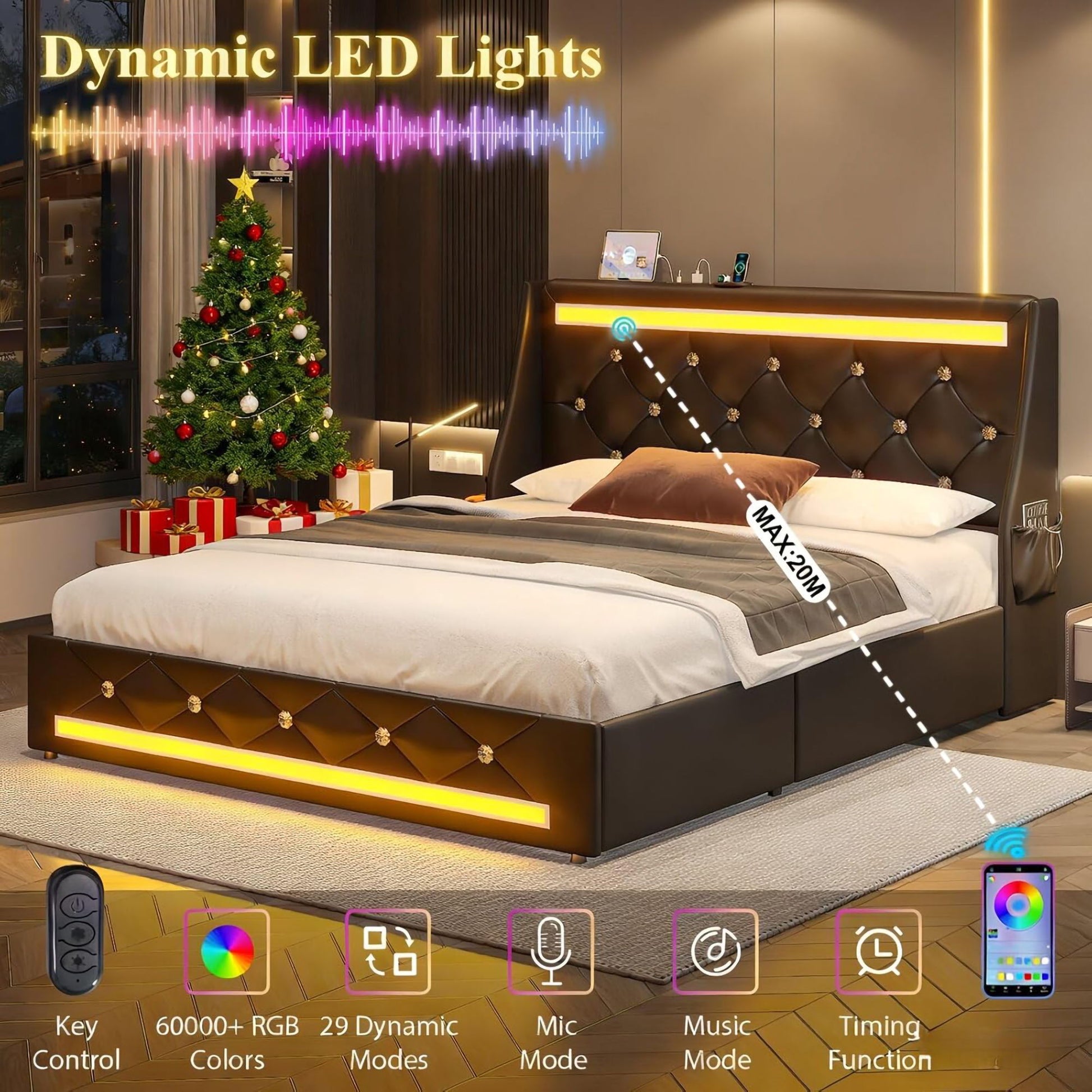 Wingback Upholstered Bed Frame With LED Lights, Charging Station - The Sleep Loft - Online Mattress Showroom NYC