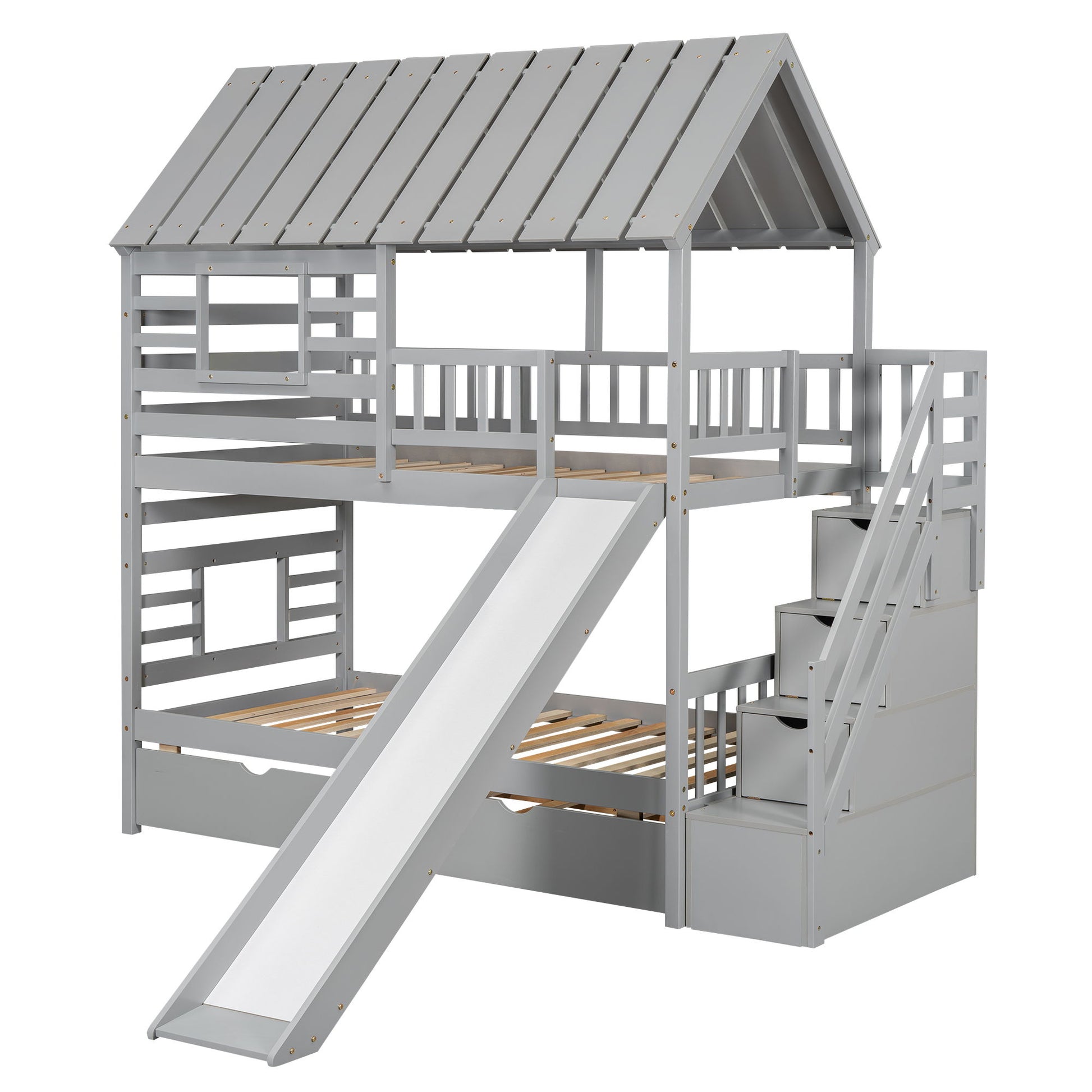 House Bunk Bed With Trundle, Storage Staircase, Roof And Window Design - The Sleep Loft - Online Mattress Showroom NYC
