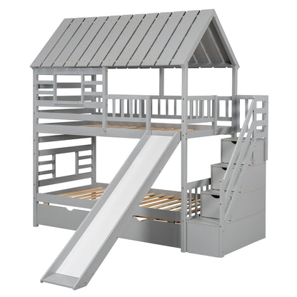 House Bunk Bed With Trundle, Storage Staircase, Roof And Window Design - The Sleep Loft - Online Mattress Showroom NYC