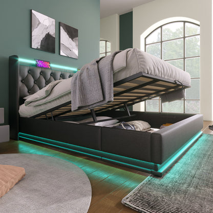 Upholstered Bed, 360 Surround LED Function, Remote Control, Hydraulic Storage Bed With USB, Type-C Charging (Without Mattress) - The Sleep Loft - Online Mattress Showroom NYC