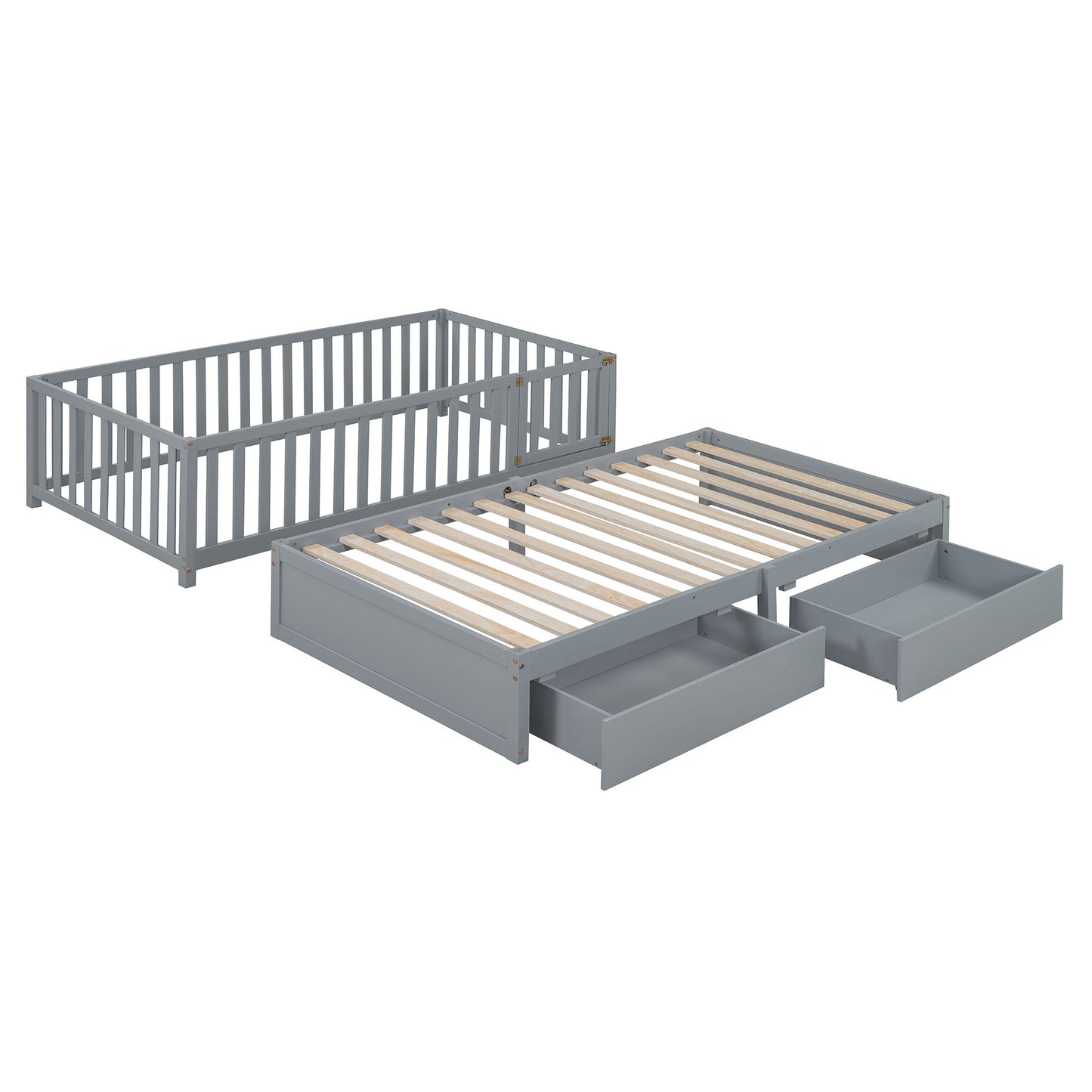 Daybed With Fence Guardrails And 2 Drawers, Split Into Independent Floor Bed & Daybed - The Sleep Loft - Online Mattress Showroom NYC