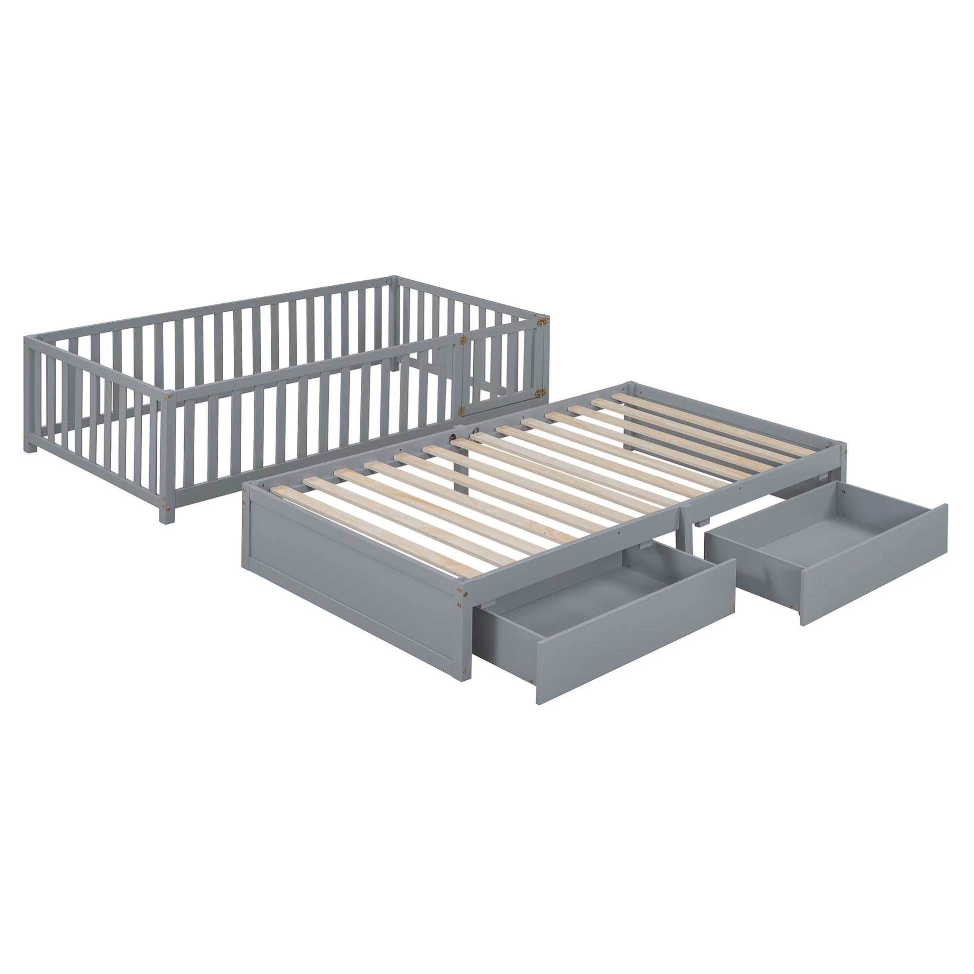 Daybed With Fence Guardrails And 2 Drawers, Split Into Independent Floor Bed & Daybed - The Sleep Loft - Online Mattress Showroom NYC