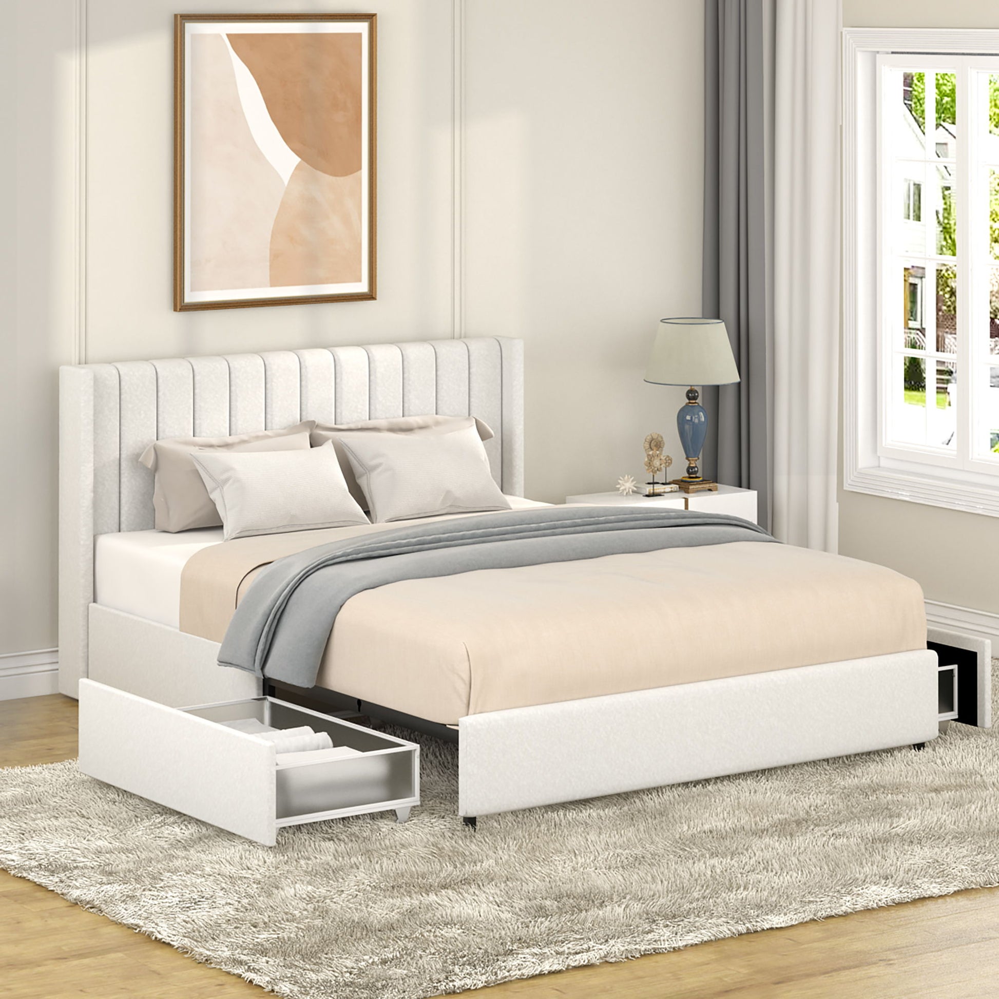 Anda - Boucle Upholstered Platform Bed With Patented Drawers Storage - Ivory - The Sleep Loft - Online Mattress Showroom NYC