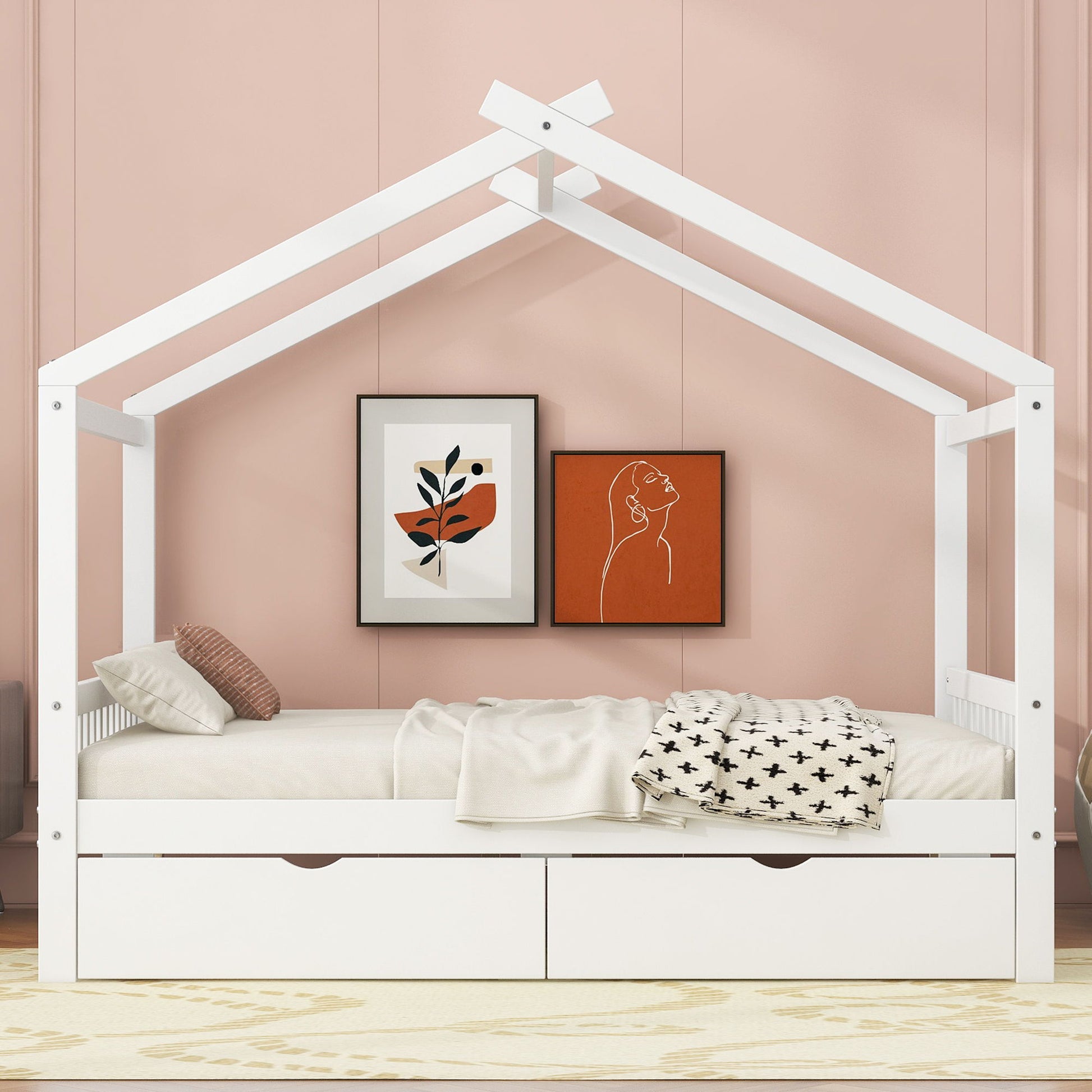 House Style Platform Bed With Headboard, Footboard, 2 Drawers, And Roof Design - The Sleep Loft - Online Mattress Showroom NYC