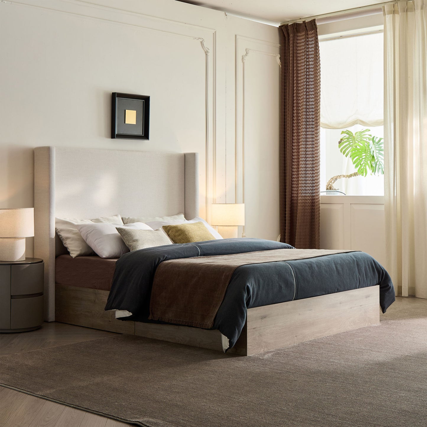 Shelton - Queen Upholstered Wingback Bed With 54" High Headboard - Ivory / Light Gray / Camel Oak - The Sleep Loft - Online Mattress Showroom NYC