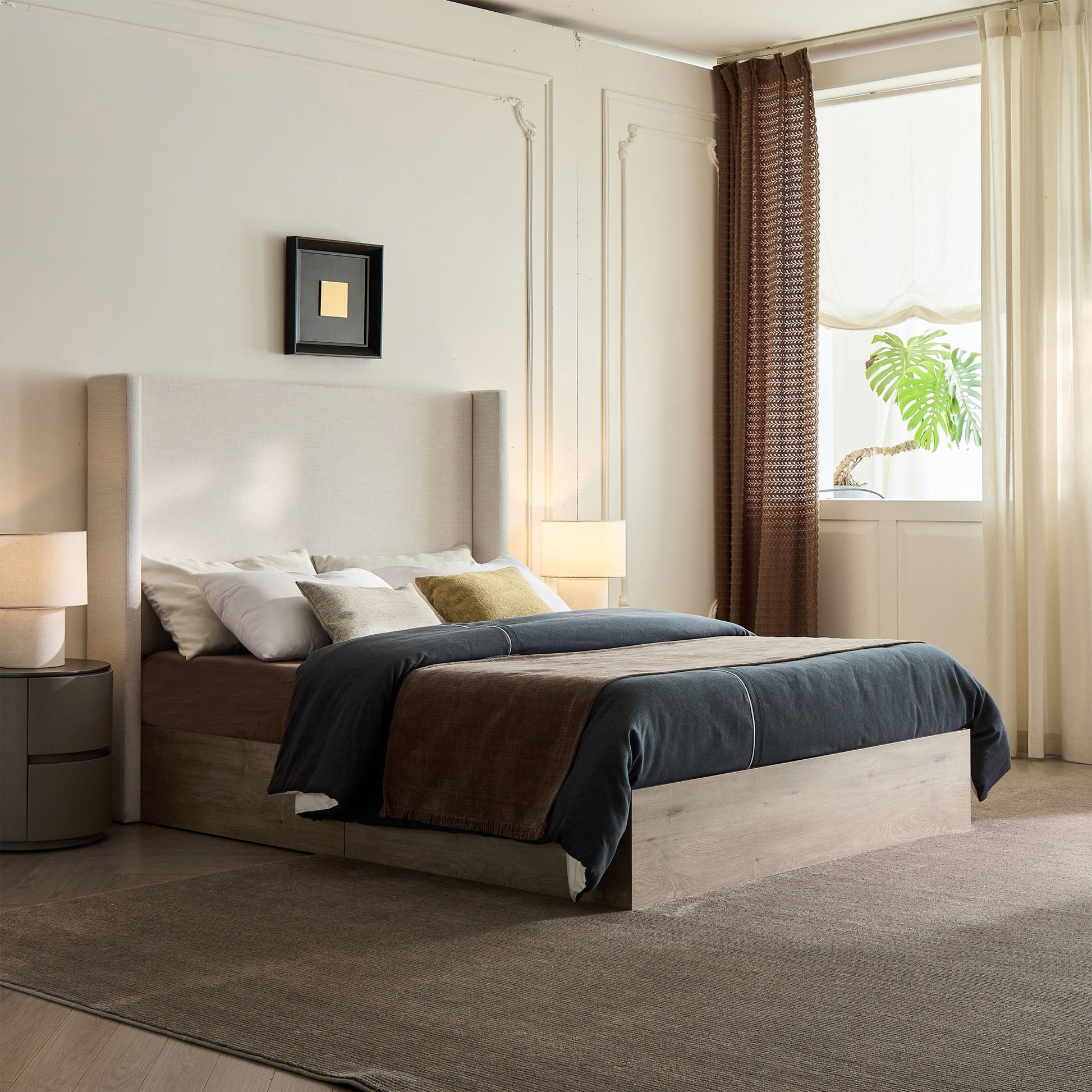 Shelton - Queen Upholstered Wingback Bed With 54" High Headboard - Ivory / Light Gray / Camel Oak - The Sleep Loft - Online Mattress Showroom NYC