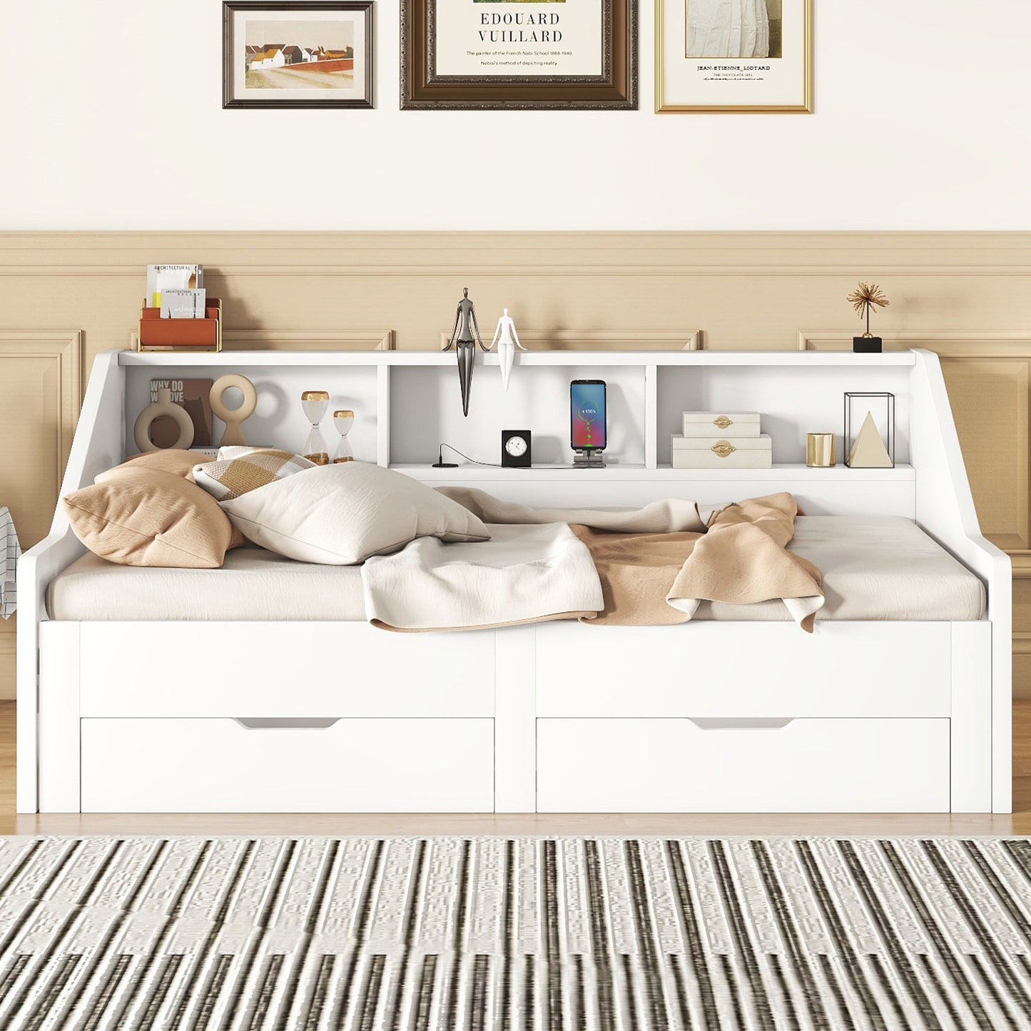 Daybed Frame With Storage Bookcases, 2 Drawers, Charging Station - The Sleep Loft - Online Mattress Showroom NYC