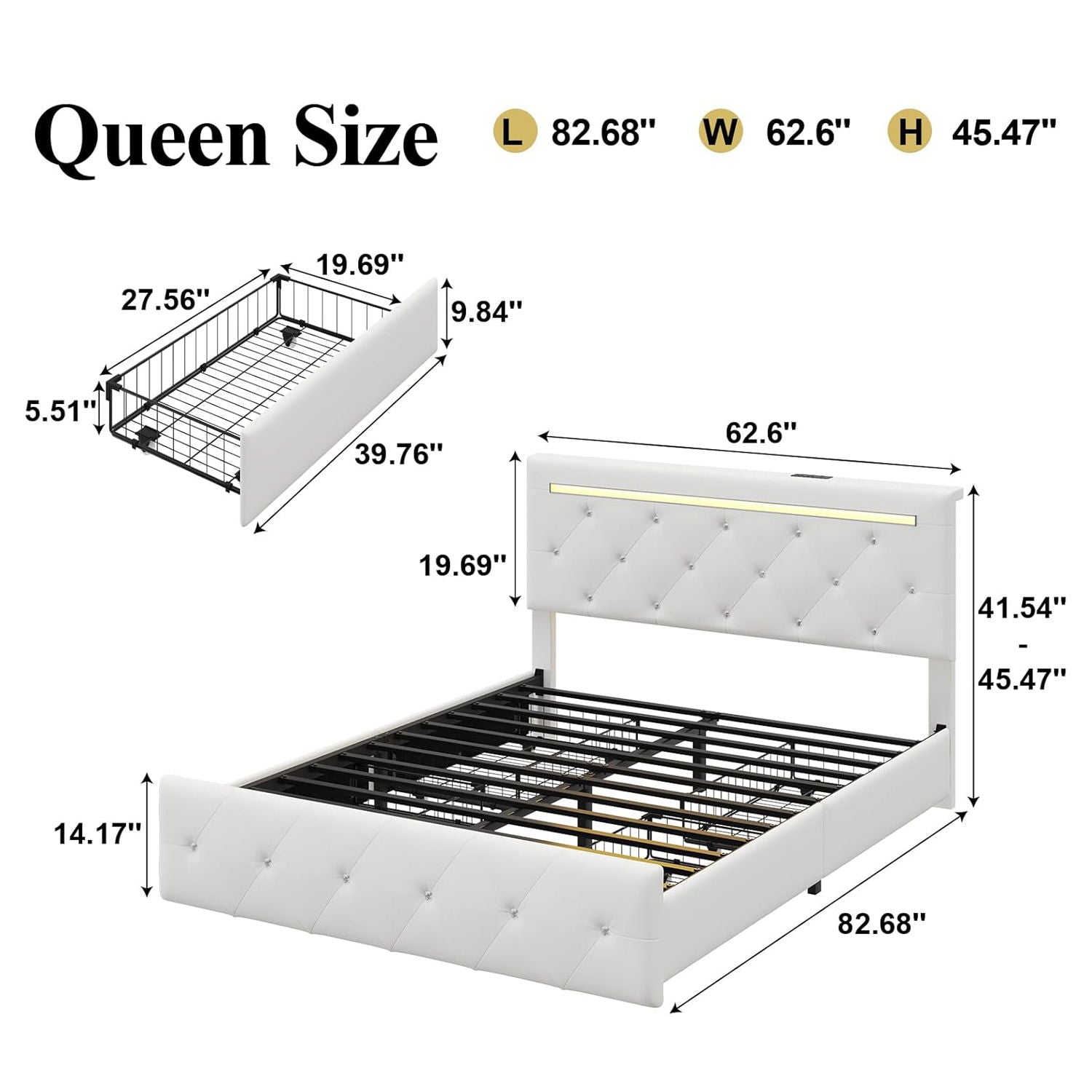 Upholstered Bed Frame With LED Lights, 4 Storage Drawers, Charging Station - The Sleep Loft - Online Mattress Showroom NYC