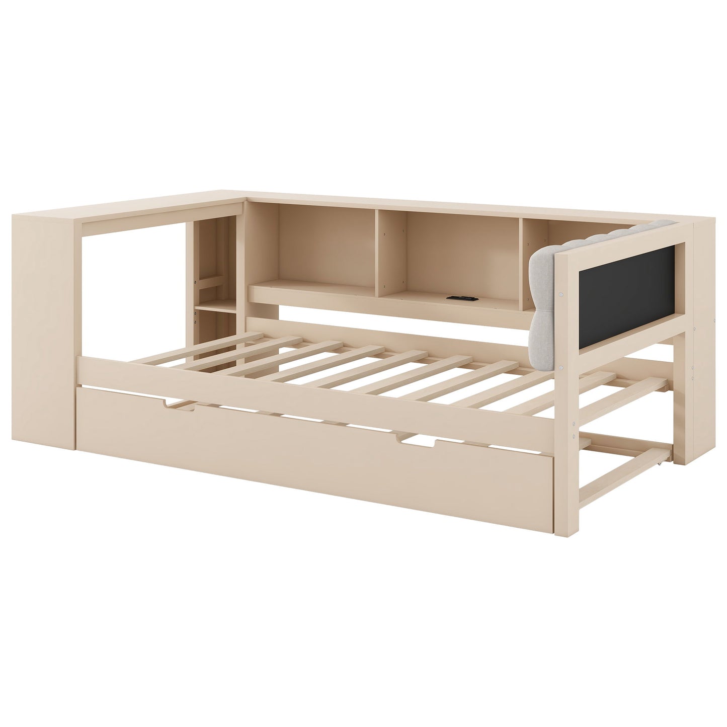 Upholstered Headboard Platform Bed With Storage Shelves, Trundle, Charging Station - The Sleep Loft - Online Mattress Showroom NYC
