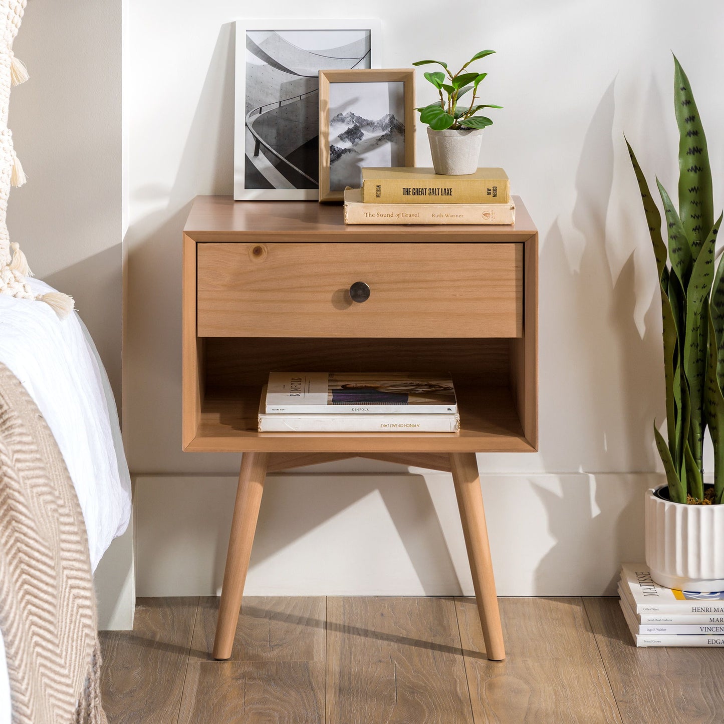 Mid-Century Modern Single Drawer Solid Wood Nightstand - The Sleep Loft - Online Mattress Showroom NYC