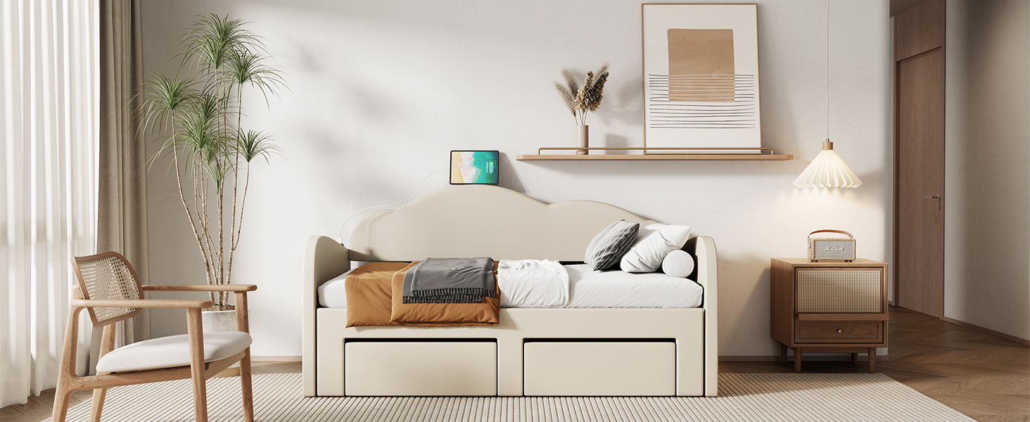 Upholstered Daybed With Cloud-Shaped Backrest, Trundle & 2 Drawers And USB Ports - The Sleep Loft - Online Mattress Showroom NYC