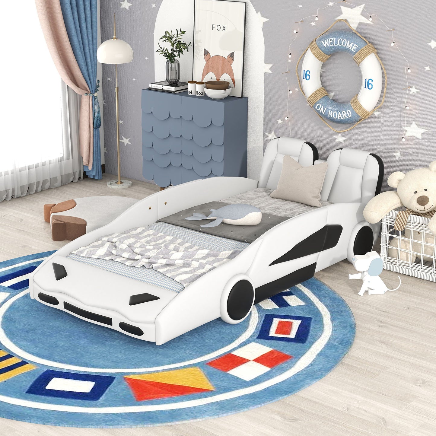 Race Car Shaped Twin Platform Bed With Wheels, Pine Wood Construction - The Sleep Loft - Online Mattress Showroom NYC