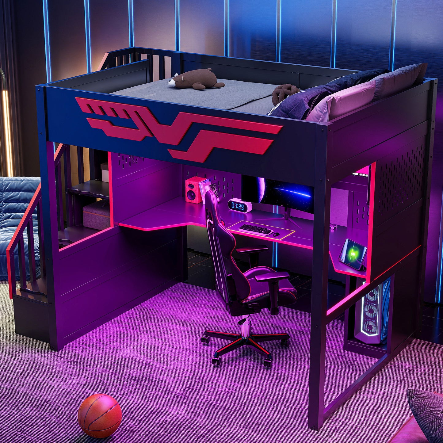 Full Gaming Loft Bed With Desk And Storage Staircase, LED Lights And USB - Red / Black - The Sleep Loft - Online Mattress Showroom NYC