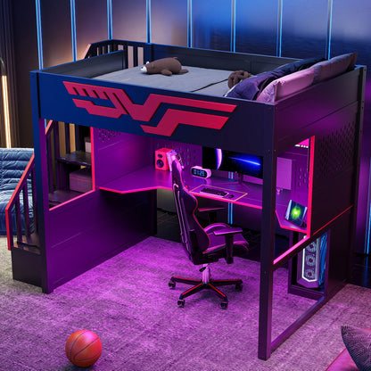 Full Gaming Loft Bed With Desk And Storage Staircase, LED Lights And USB - Red / Black - The Sleep Loft - Online Mattress Showroom NYC