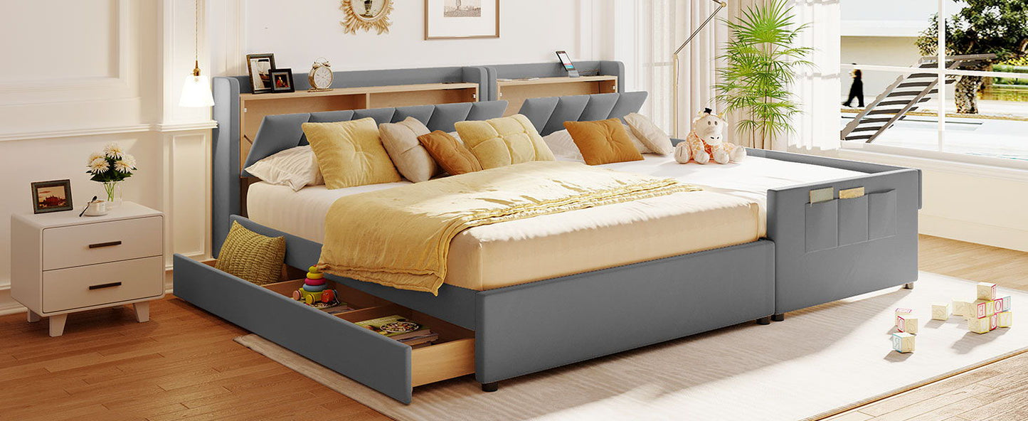 Upholstered Mother & Child Bed With Hydraulic Storage System, Drawer Box, Bedhead Storage Shelf And 2 Pairs Of Sockets & USB Ports - The Sleep Loft - Online Mattress Showroom NYC