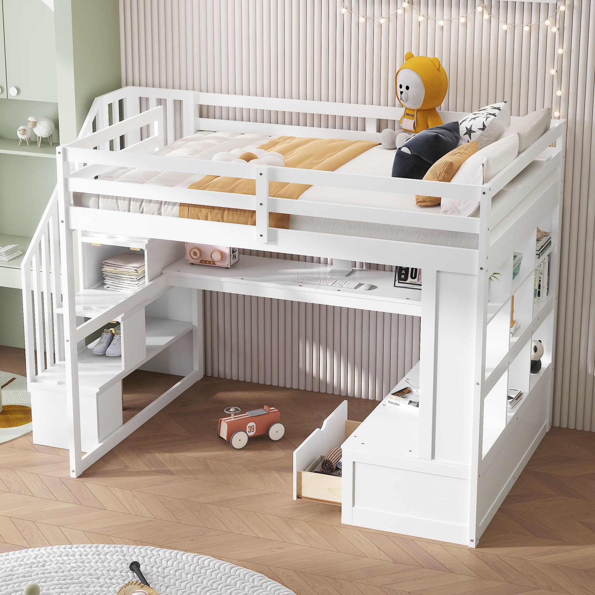 Full Size Loft Bed With Desk And Shelves, 2 Built In Drawers, Storage Staircase - White - The Sleep Loft - Online Mattress Showroom NYC