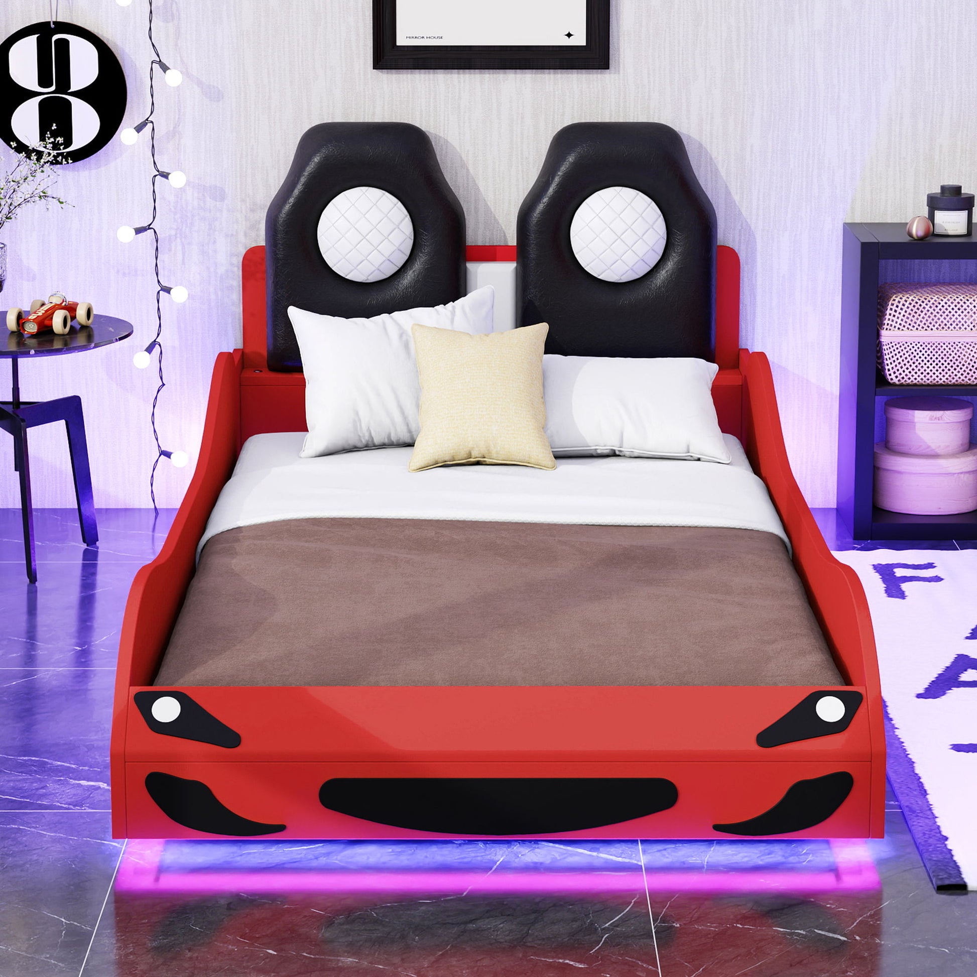 Race Car Shaped Platform Bed With LED And Upholstered Backrest In - The Sleep Loft - Online Mattress Showroom NYC