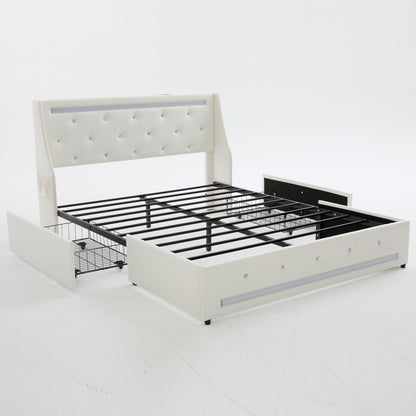 Wingback Upholstered Bed Frame With LED Lights, Charging Station - The Sleep Loft - Online Mattress Showroom NYC