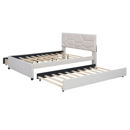 Upholstered Platform Bed With Brick Pattern Headboard And Twin Long Size Trundle - The Sleep Loft - Online Mattress Showroom NYC