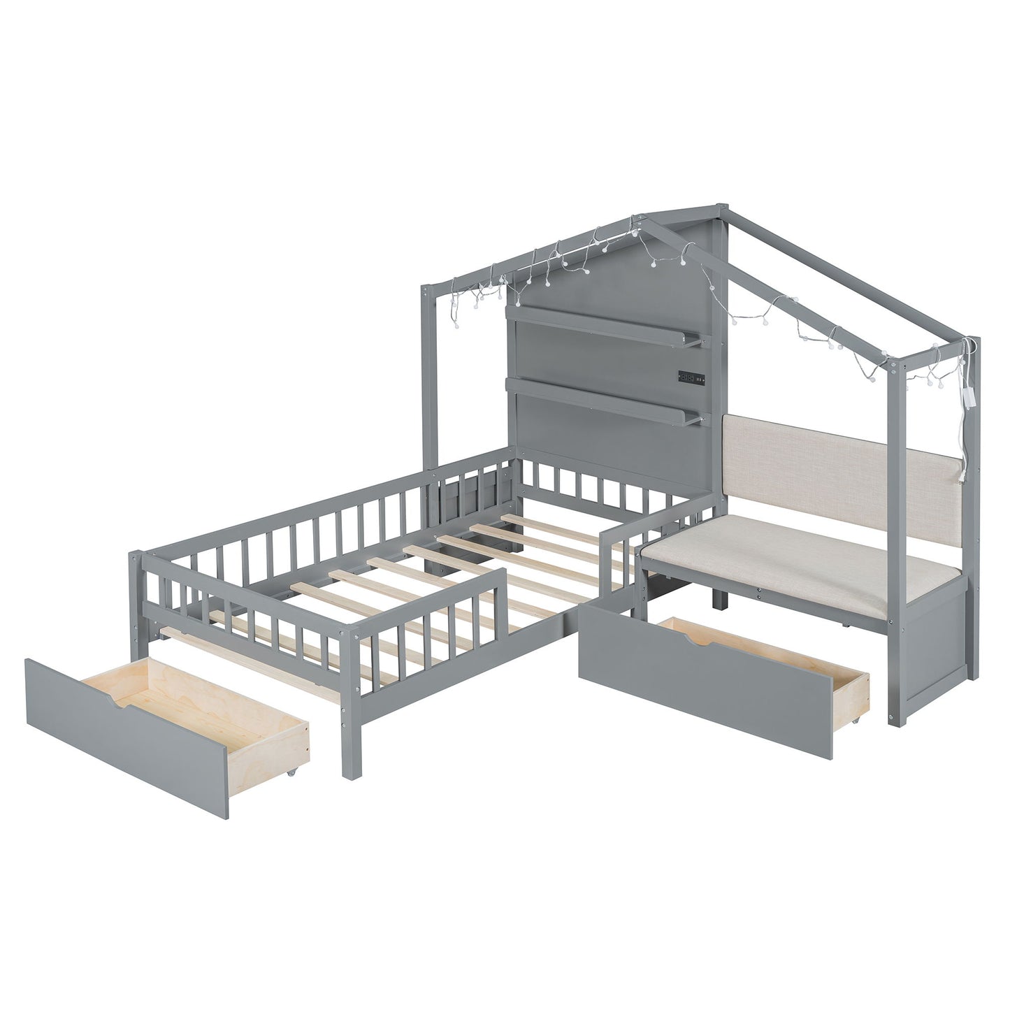 House Bed With Upholstered Sofa, Wireless Charging Station, Shelves And 2 Drawers - The Sleep Loft - Online Mattress Showroom NYC