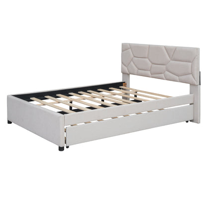 Upholstered Platform Bed With Brick Pattern Headboard And Twin Long Size Trundle - The Sleep Loft - Online Mattress Showroom NYC