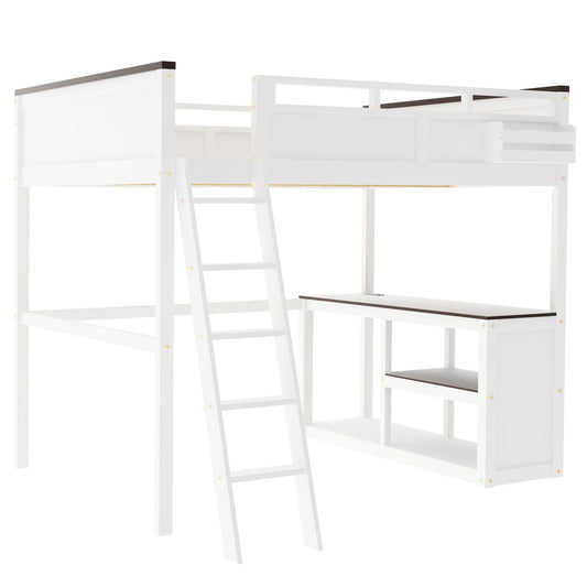 Queen Size Loft Bed With Desk, Open Shelf, Storage Box And USB Charging Station - White - The Sleep Loft - Online Mattress Showroom NYC