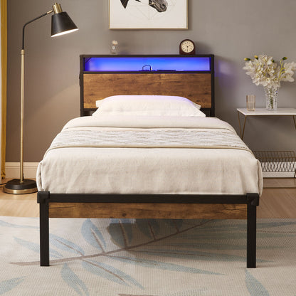 Twin Size Platform Bed Frame, LED Lights With Remote Control, USB Charging Port, Large Under Bed Storage - Black / Brown - The Sleep Loft - Online Mattress Showroom NYC