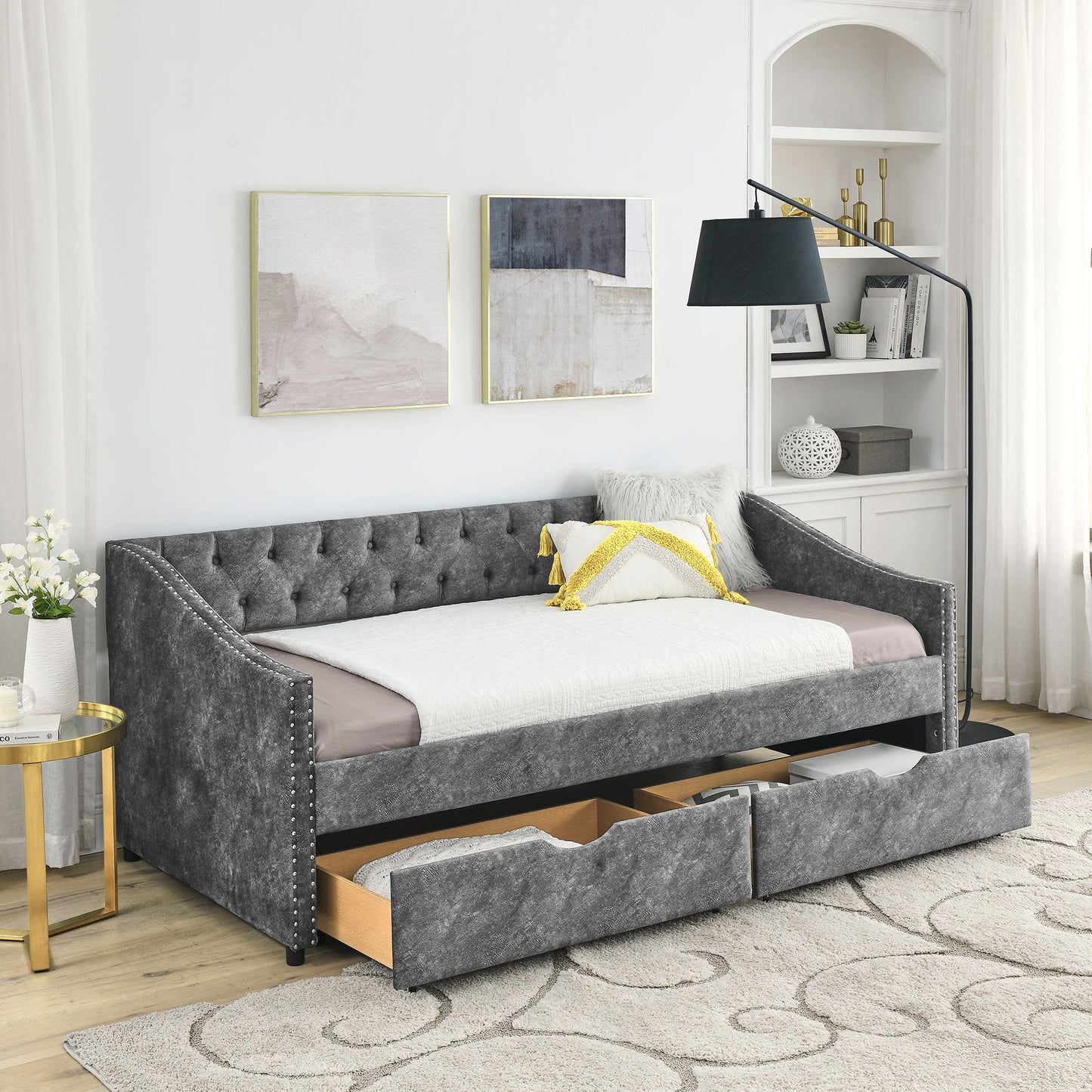 Upholstered Tufted Daybed With 2 Drawers, Waved Arms - The Sleep Loft - Online Mattress Showroom NYC
