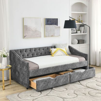 Upholstered Tufted Daybed With 2 Drawers, Waved Arms - The Sleep Loft - Online Mattress Showroom NYC